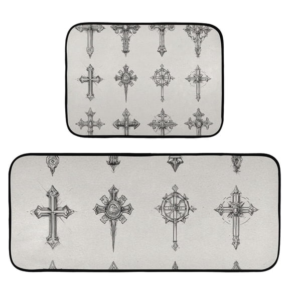 2-Piece Ultra Soft Absorbent Floor Mats With Anti-Skid Backing For Kitchen Bathroom Laundry Room Ornate Crosses