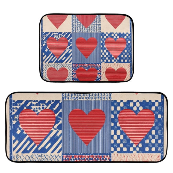 2-Piece Ultra Soft Absorbent Floor Mats With Anti-Skid Backing For Kitchen Bathroom Laundry Room Retro Valentine