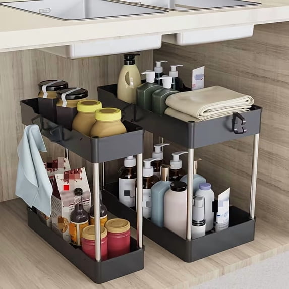 2-Piece Under Sink Storage Rack Set Adjustable Rust-Proof Steel Cabinet ...