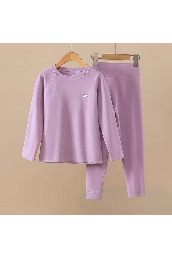 2 Piece Unisex Kids' 100% Cotton Underwear Set, Purple Long Sleeve Top & Full-Length Pants, Soft Breathable for 4-12 Years,Size 8-9T