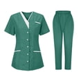 thumbnail image 1 of 2-Piece Universal Cleaning Uniform for Women Snap Front Short Sleeve V-Neck Scrub Tops & Elastic Waist Pants, 1 of 2