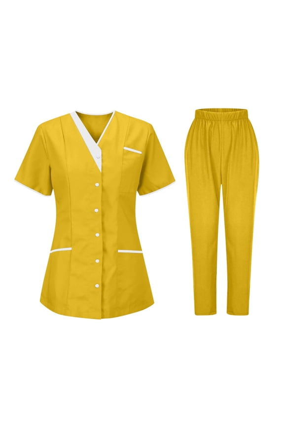 2-Piece Universal Cleaning Uniform for Women Snap Front Short Sleeve V-Neck Scrub Tops & Elastic Waist Pants