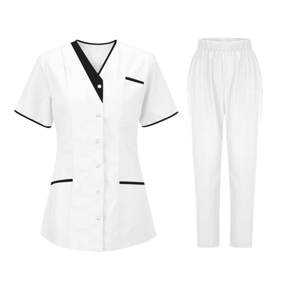 2-Piece Universal Cleaning Uniform for Women Snap Front Short Sleeve V-Neck Scrub Tops & Elastic Waist Pants