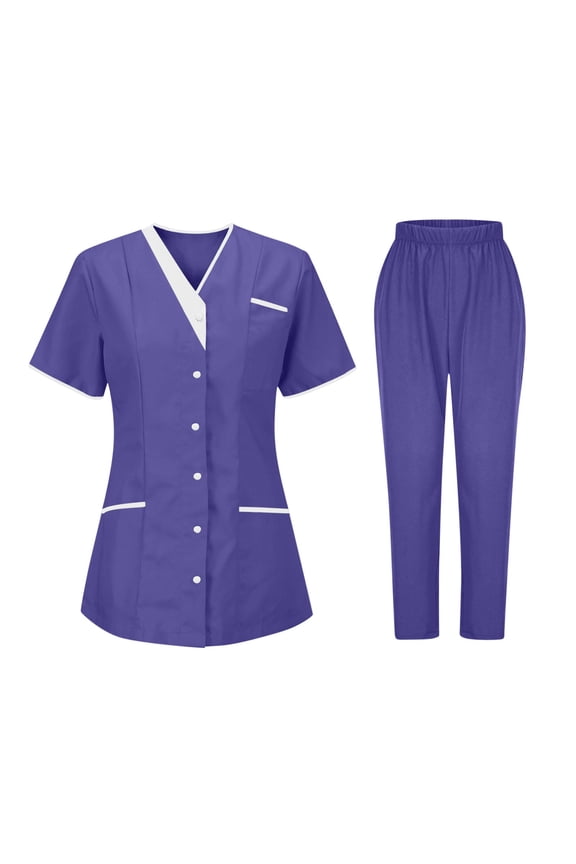 2-Piece Universal Cleaning Uniform for Women Snap Front Short Sleeve V-Neck Scrub Tops & Elastic Waist Pants