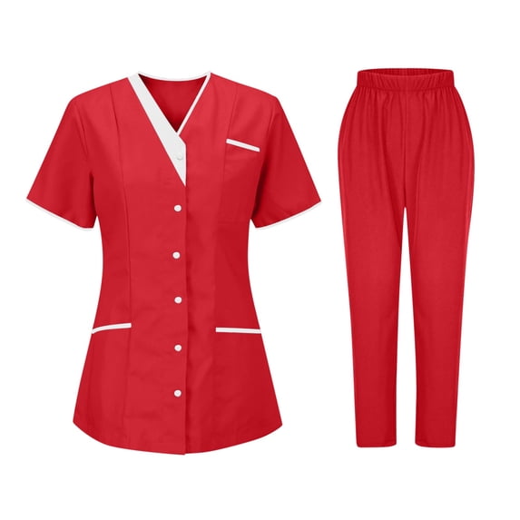 2-Piece Universal Cleaning Uniform for Women Snap Front Short Sleeve V-Neck Scrub Tops & Elastic Waist Pants