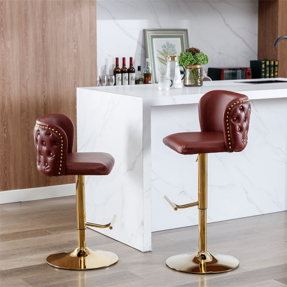 2 Piece Upholstered Bar Stools with Nailheads, Adjustable Seat Height