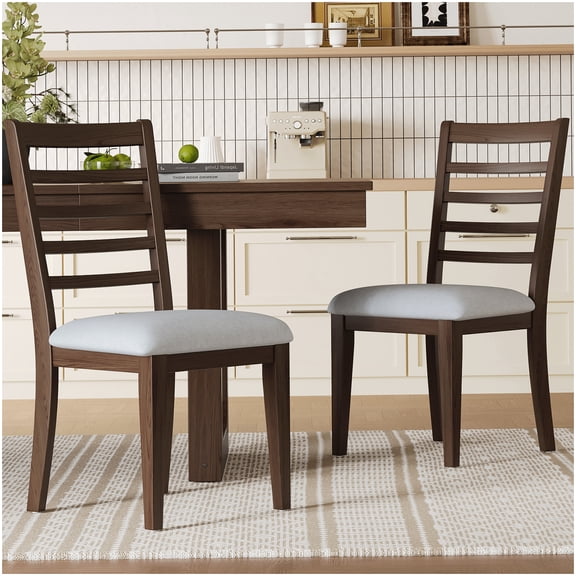 2-Piece Upholstered Dining Chair Set, High Back Farmhouse Kitchen Chairs in Beige & Walnut, Solid Wood Armless Chairs for Home Dining