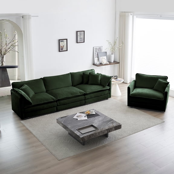 2-Piece Upholstered Sofa, Living Room Sectional Sofa Set Modern Sofa Couches Set, Deep Seat Sofa for Living Room Apartment, 1+3 Seat (Green)