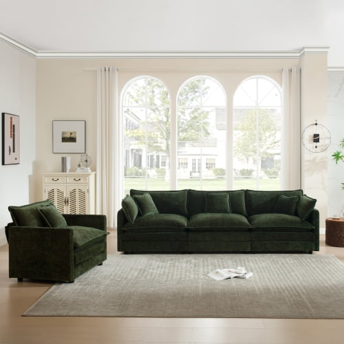 2-Piece Upholstered Sofa Set Modern 1+3 Seat Sectional with Deep Seat, Green Chenille Couch for Living Room, Apartment, Flexible Modular Design, Easy Assembly, Solid Wood Frame