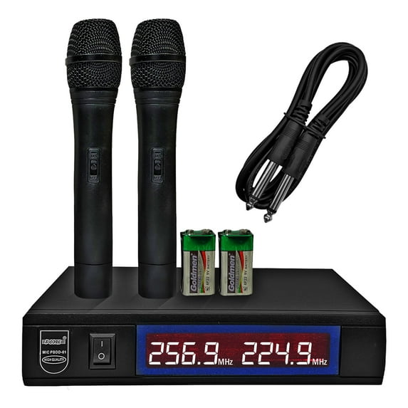 2-Piece VHF Wireless Microphone System - Dual Channel Receiver & Handheld Mics (210-270MHz, 30m Range) w/AC Power