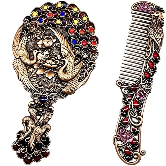 2-Piece Vanity Mirror and Comb Set with Peacock Design, Embossed Metal Handheld Mirror for Daily Makeup, Royal Vintage Style Wedding Favor Gift with Colored Gemstones and Metal Carvings