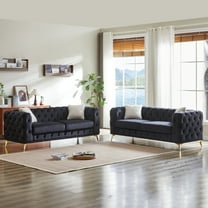 2 Piece Velvet Chesterfield Sofa Set with Gold Legs, Loveseat Sofa Set with 4 Pillows and Armrest, Button Tufted 3 Seater Sofa Couches for Living Room, Office, Apartment, Black