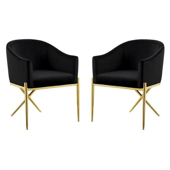 2 Piece Velvet Contemporary Dining Room Arm Chair Set with Gold Metal Legs, Modern Upholstered Black Accent Side Chair for Living Room
