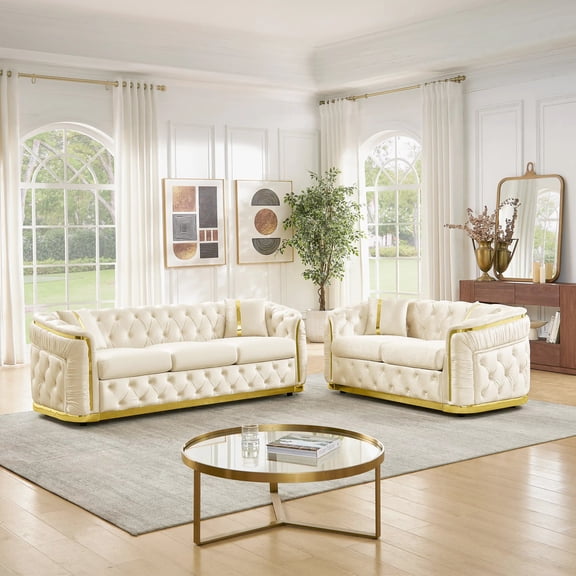 2-Piece Velvet Luxury Chesterfield Sofa and Loveseat Set with Gold Trim Beige