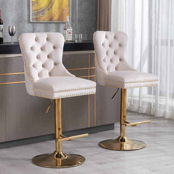 2-Piece Velvet Swivel Bar Stools, Adjustable Counter Height Dining Bar Chairs with Tufted Backrest and Nailhead Trim for Kitchen Island (Beige with Gold Leg)