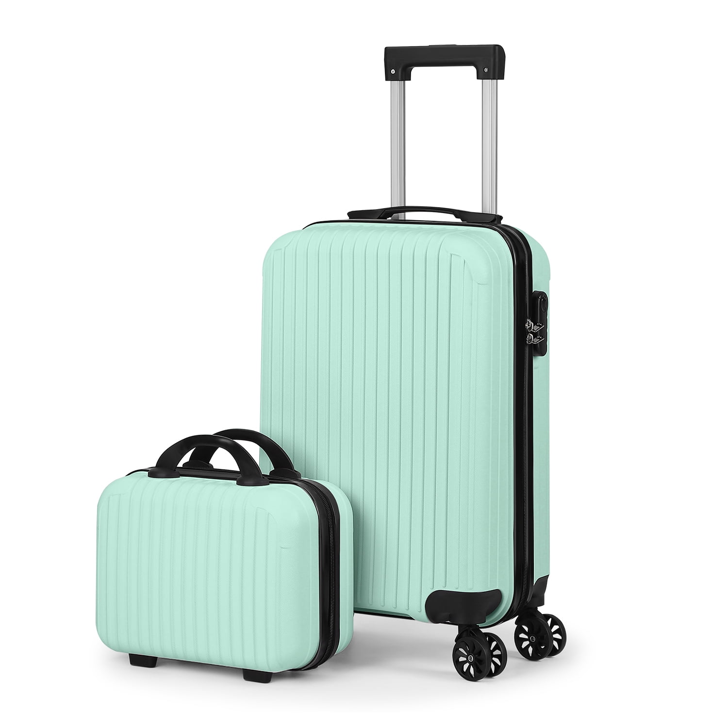 2 Piece Vertical Striped Luggage Set, Carry On Hardside Suitcase with Spinner Wheels & TSA Lock, Lightweight Travel Luggage with Cosmetic Case Green