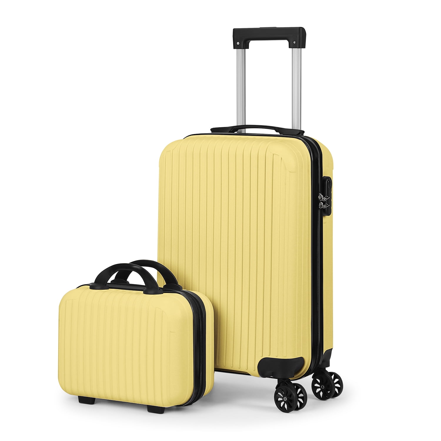 2 Piece Vertical Striped Luggage Set, Carry On Hardside Suitcase with Spinner Wheels & TSA Lock, Lightweight Travel Luggage with Cosmetic Case Yellow