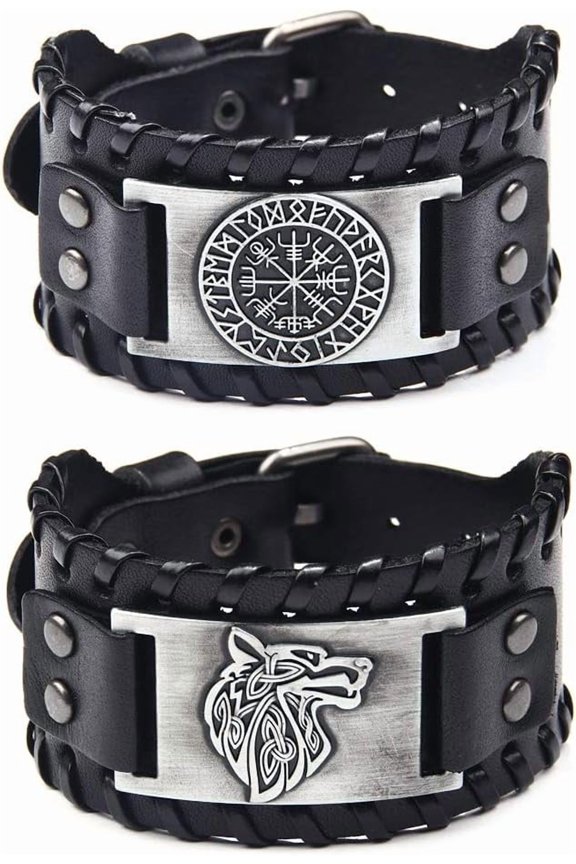 2 Piece Viking Bracelets - Viking Wolf Fenrir - Norse Vegvisir Scandinavian Amulet