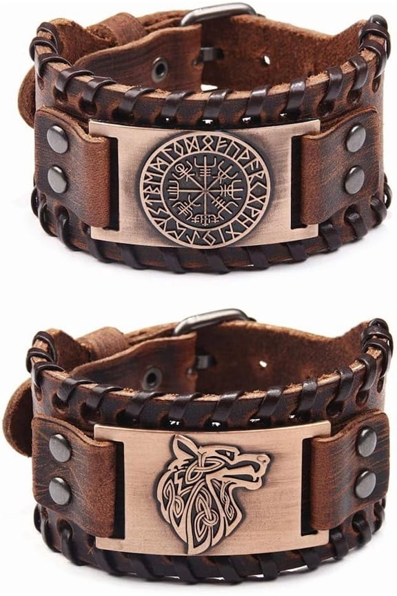 2 Piece Viking Bracelets - Viking Wolf Fenrir - Norse Vegvisir Scandinavian Amulet