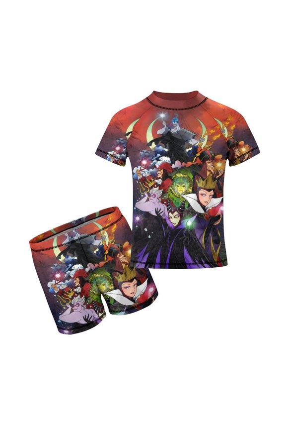 2 Piece Vill-ain Bad Witche Bathing Suits Rash Guard Swim Shirts with Shorts Set