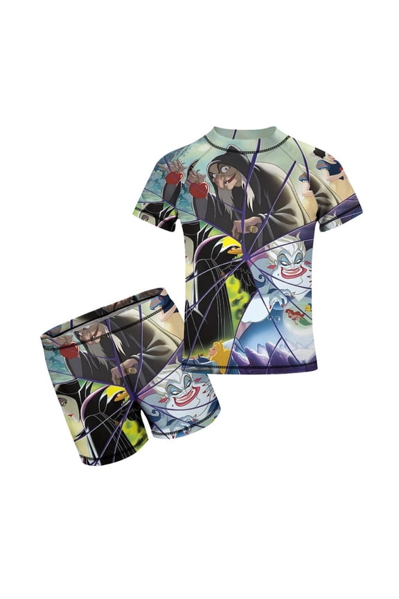 2 Piece Vill-ain Bad Witche Bathing Suits Rash Guard Swim Shirts with Shorts Set
