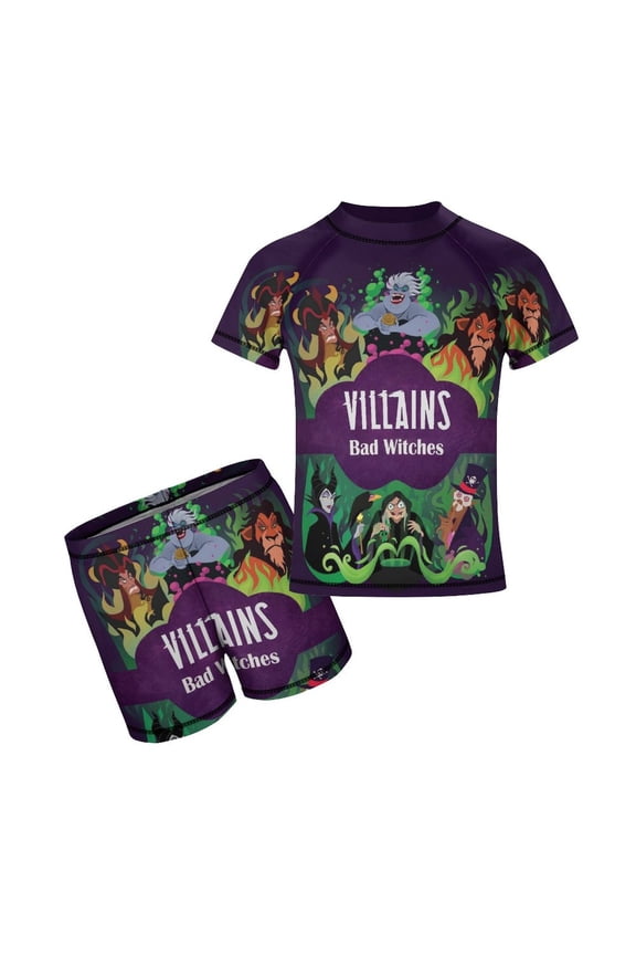 2 Piece Vill-ain Bad Witche Bathing Suits Rash Guard Swim Shirts with Shorts Set