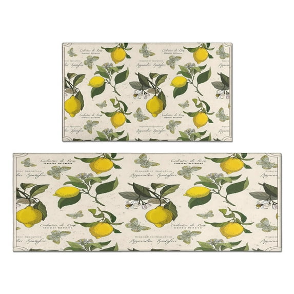 2 Piece Vintage Lemon Rug Kitchen Rug Set, Decor Kitchen Rugs, Absorbent Non-Slip Washable Floor Mats, Home Indoor Runner Rugs 17"x47"+17"x30"