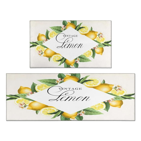 2 Piece Vintage Lemon Rug Kitchen Rug Set, Decor Kitchen Rugs, Absorbent Non-Slip Washable Floor Mats, Home Indoor Runner Rugs 17"x47"+17"x30"