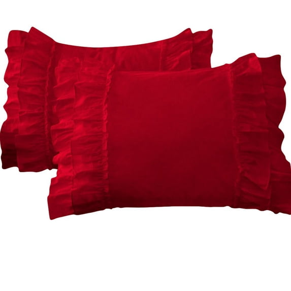 2 Piece Vintage Ruffle Pattern Solid Red Pillow Shams, (Queen 20X30 Pillow Cover), 100% Egyptian Cotton, 800 Thread Count, Queen Size