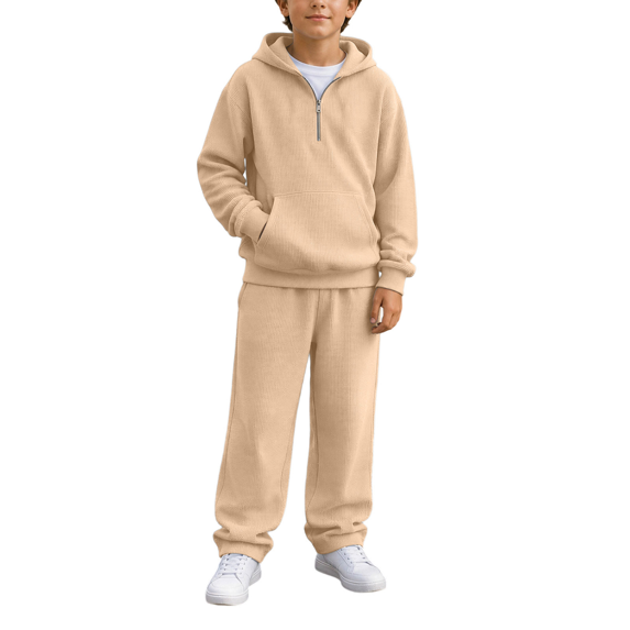 2 Piece Waffle Sets for Boy Long Sleeve Quarter Zip Hooded Pullover Loose Sweatpants Boys Fall Winter Lounge Outfits