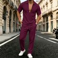 thumbnail image 1 of 2 Piece Waffle Textured Matching Suit for Men Deep V Lapel Polo Shirt Drawstring Waist Straight Leg Pants Wrinkle Resistant Casual Outfit for Weekend Resort Travel Wine S, 1 of 6