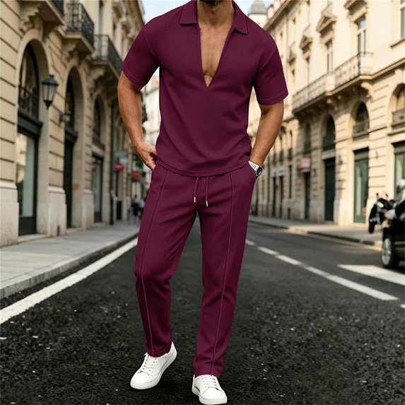 2 Piece Waffle Textured Matching Suit for Men Deep V Lapel Polo Shirt Drawstring Waist Straight Leg Pants Wrinkle Resistant Casual Outfit for Weekend Resort Travel Wine S