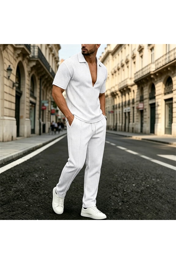 2 Piece Waffle Textured Matching Suit for Men Deep V Lapel Polo Shirt Drawstring Waist Straight Leg Pants Wrinkle Resistant Casual Outfit for Weekend Resort Travel White S