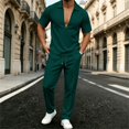 thumbnail image 1 of 2 Piece Waffle Textured Matching Suit for Men Deep V Lapel Polo Shirt Drawstring Waist Straight Leg Pants Wrinkle Resistant Casual Outfit for Weekend Resort Travel Blackish Green L, 1 of 6