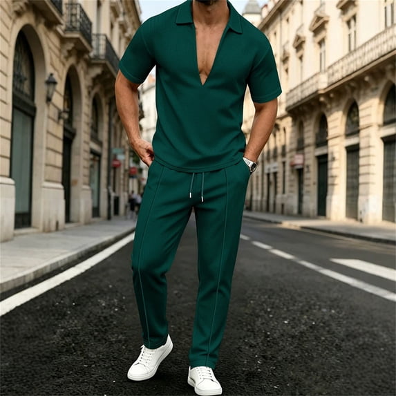 2 Piece Waffle Textured Matching Suit for Men Deep V Lapel Polo Shirt Drawstring Waist Straight Leg Pants Wrinkle Resistant Casual Outfit for Weekend Resort Travel Blackish Green L