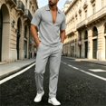 thumbnail image 1 of 2 Piece Waffle Textured Matching Suit for Men Deep V Lapel Polo Shirt Drawstring Waist Straight Leg Pants Wrinkle Resistant Casual Outfit for Weekend Resort Travel Gray S, 1 of 6