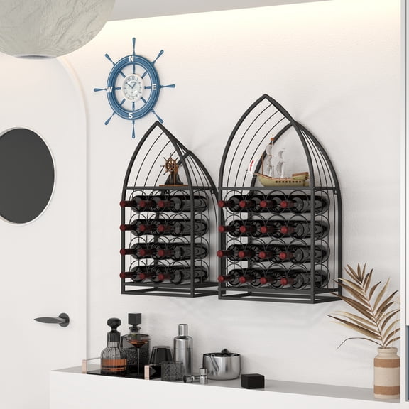 2 Piece Wall-Mounted Wine Rack Set Sailboat Design Metal Wine Display Stand for 28 Wine Bottles for Home Bar Kitchen
