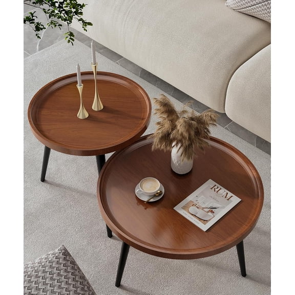2-Piece Walnut Coffee Table,Durable Mid Century Small Round Coffee Tables for Living Room,Easy Assembly Modern Nesting Coffee Tables Set,Circle Side Tables for Sofa Bedside Balcony