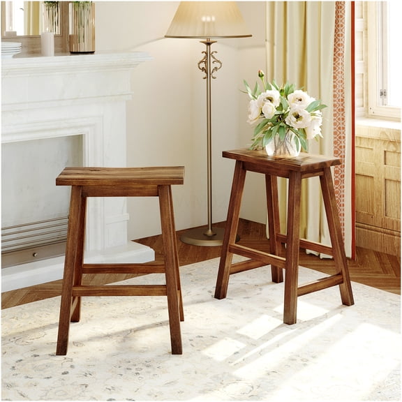 2-Piece Walnut Wood Counter Height Stools, Farmhouse Rustic Style Kitchen Bar Stools with Backrest for Small Spaces