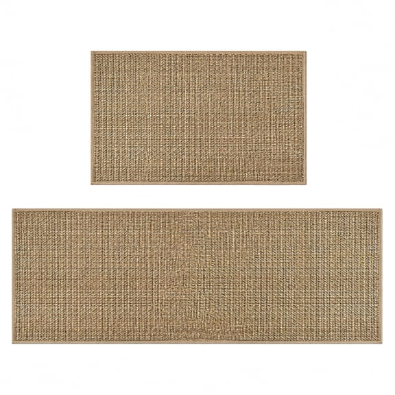 2 Piece Washable Kitchen Rug Set, 15.7 x 29.5 in + 15.7 x 49.2 in Linen Color Chenille Polyester Floor Mats with Non-Slip Rubber Backing, Absorbent Runner Rugs for Sink, Laundry & Home