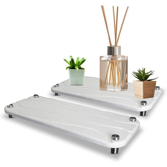 2-Piece Water Absorbing Stone Tray Set – Fast-Dry Diatomite Soap Trays for Bathroom & Kitchen Sink, Silver Finish