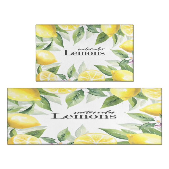 2 Piece Watercolor Lemons Rug Kitchen Rug Set, Decor Kitchen Rugs, Absorbent Non-Slip Washable Floor Mats, Home Indoor Runner Rugs 17"x47"+17"x30"