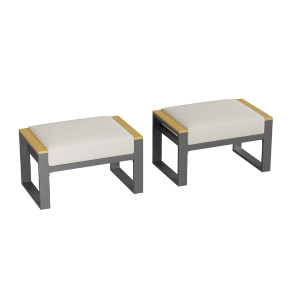 2-Piece Weather Resistant Aluminum Patio Ottoman Set, Outdoor Footstools with Soft Cushions Sturdy Frame Easy Assembly for Balcony Deck Backyard Garden Porch - Beige
