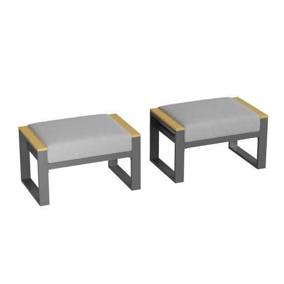 2-Piece Weather Resistant Aluminum Patio Ottoman Set, Outdoor Footstools with Soft Cushions Sturdy Frame Easy Assembly for Balcony Deck Backyard Garden Porch - Grey