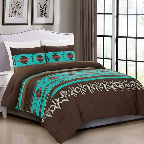 2 Piece Western Southwestern Design Comforter Set Multicolor Teal Coffee Brown Embroidered Twin Size Bedding Set- Makala