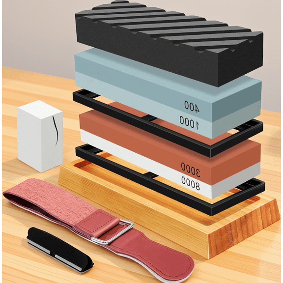 2-Piece Whetstone Sharpening Stone Set, Grit 400/1000 3000/8000, with Non-Slip Base, Leather Strop, Flattening Stone and Angle Guide