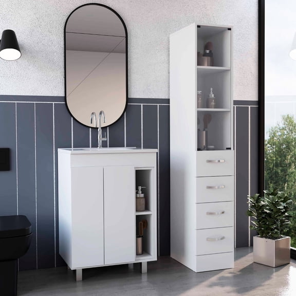 Simple DIY, Sturdy Finish - 2 Piece White Bathroom Vanity and Linen Cabinet Set