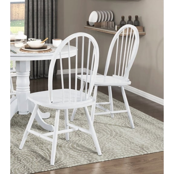 2-Piece White Finish Wooden Dining Chairs - Farmhouse Style with Windsor Back