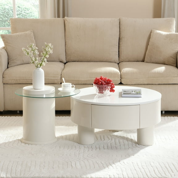 2-Piece White Nesting Coffee Table Set - Round Storage Tables for Living Room (27.56" & 19.69")