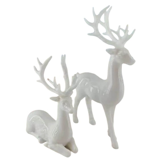 2-Piece White Reindeer Figurine Set, Plastic Standing and Resting Deer Tabletop Decorations for Christmas Mantel and Shelf